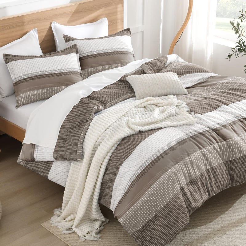 Litanika Comforter Set Full Size Hazel - 3 Pieces Lightweight Colorblock Stripe Fluffy Bedding Comforter Sets, All Season Bed Set - Image 1